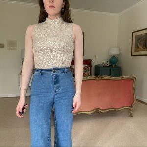 Silver Sequin Bodysuit Mockneck Sleeveless by 7 for all mankind